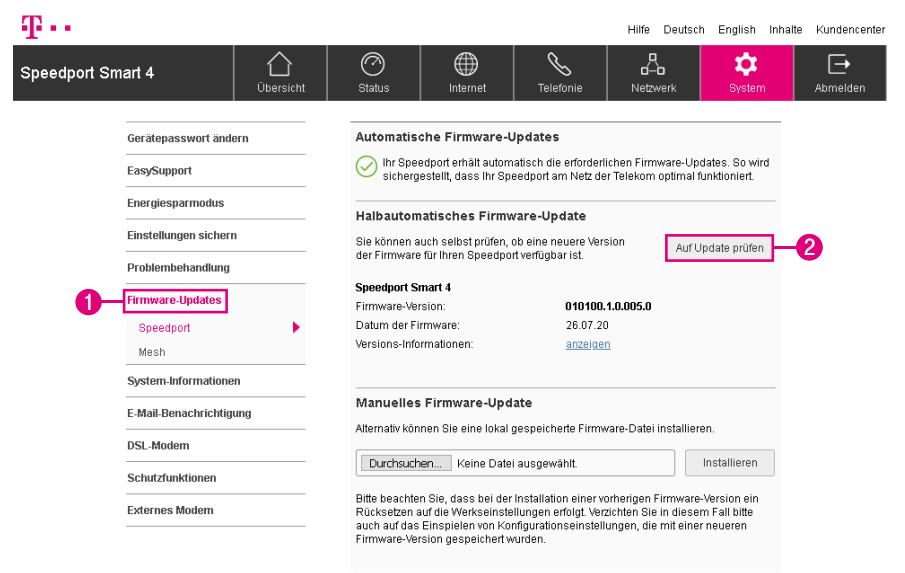 Telekom Speedport Smart 4 Update der Firmware