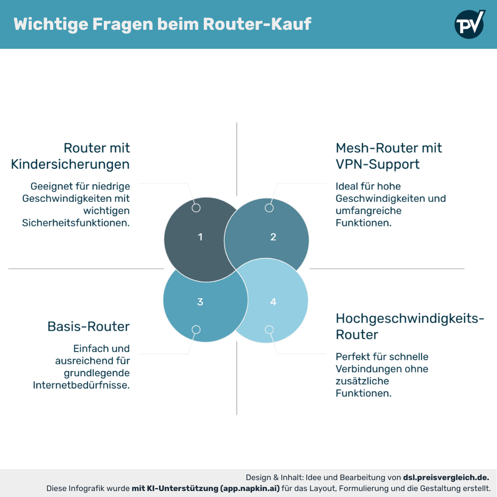 Eine Infografik mit den wichtigsten Fragen beim Router-Kauf, die verschiedene Router-Typen zeigt: Router mit Kindersicherungen, Mesh-Router mit VPN-Support, Basis-Router und Hochgeschwindigkeits-Router. Jeder Typ ist kurz beschrieben.