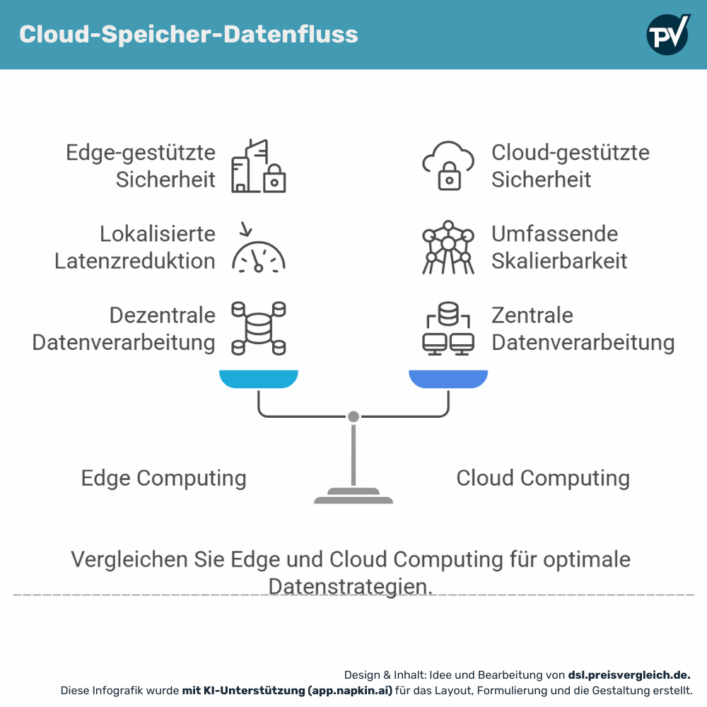 Infografik zu den unterschieden der beiden Technologien Edge Computing links und Cloud Computing rechts